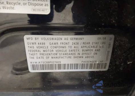 2009 Volkswagen Passat Komfort z USA, uszkodzony, nr VIN WVWJK73C89P027805